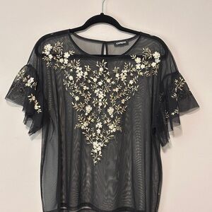 Express Black Sheer Top with White Floral Embroidery